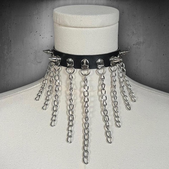 Jewelry - Black PU Spike Studded Chain Choker Necklace